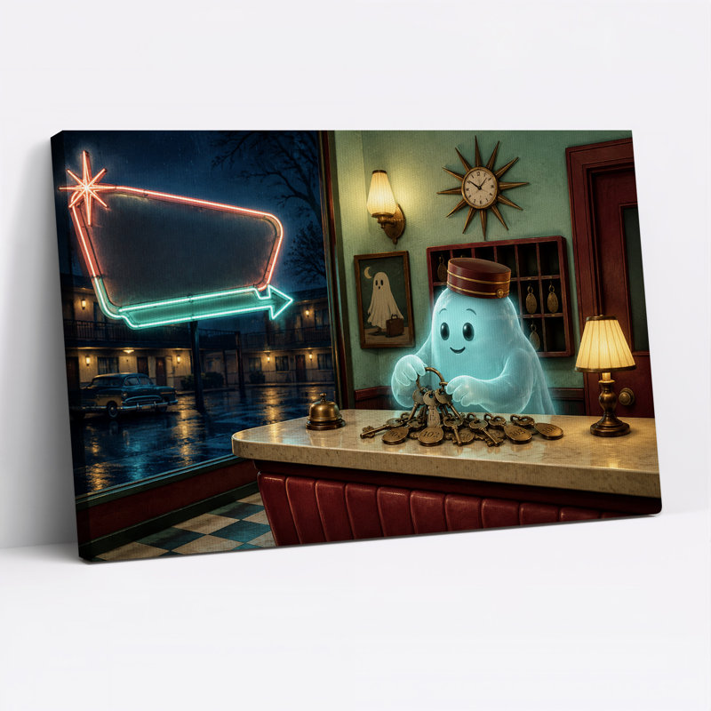 Un groom fantôme bleu lumineux avec des clés, une toile murale rétro pour l'Halloween, H 32 po x l 48 po