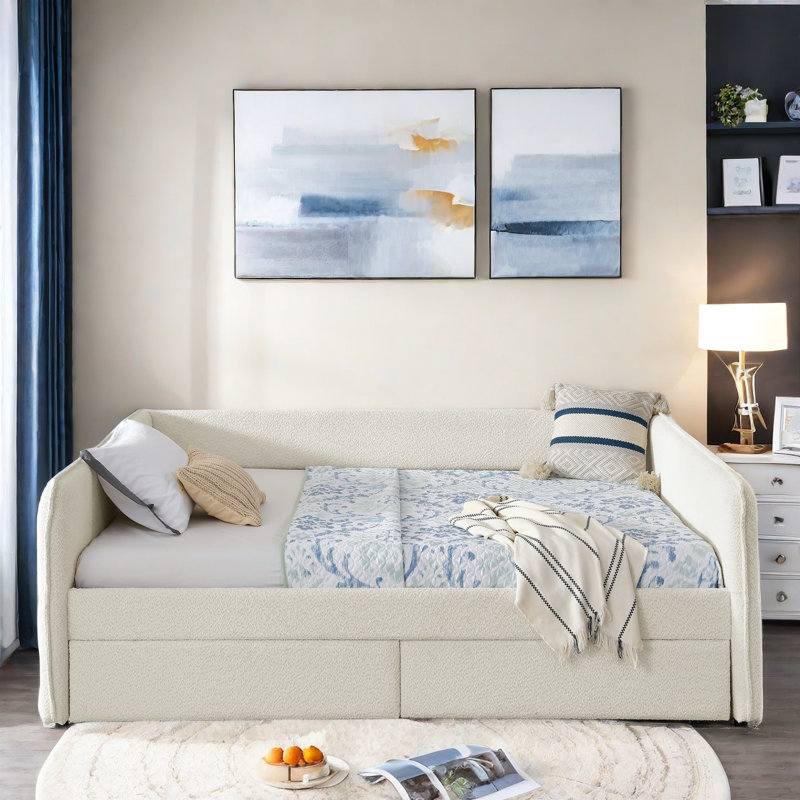 Daybed With Trundle Upholstered Tufted Sofa Bed, With Two Drawers, Queen Size, Boucle Fabric, Beige