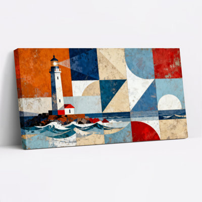 Ensemble de 1 tableau sur toile tendue représentant un phare géométrique et une scène côtière