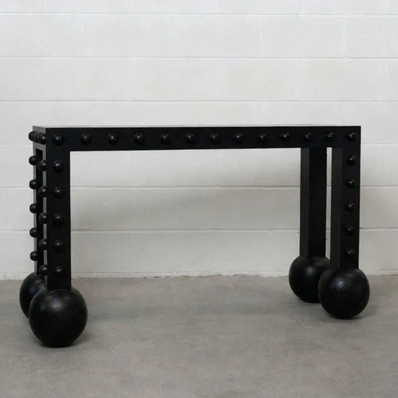 Medieval-style wooden console table, 35.4" H x 39.3" W x 13.7" D, Black