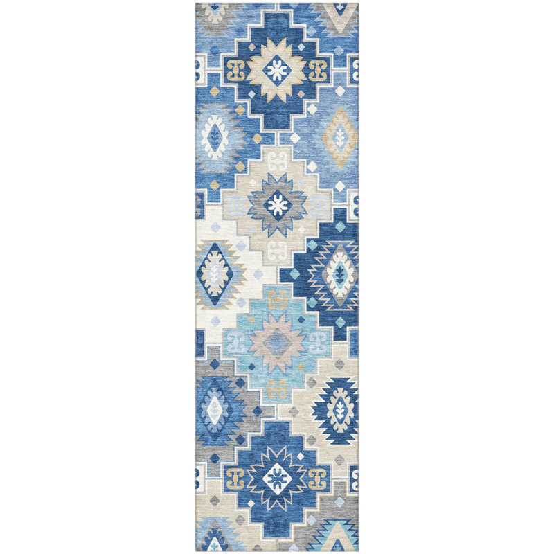 Premium Machine Washable Mayfield  Ethnic Rug, Blue, 2'3" x 7'6" Runner