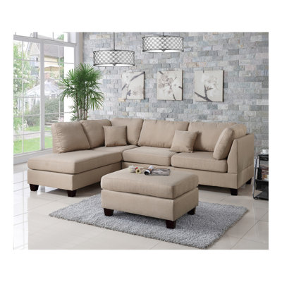 3pcs Sectional Living Room Furniture Reversible Chaise Sofa And Ottoman Polyfiber Linen Like Fabric Cushion Couch