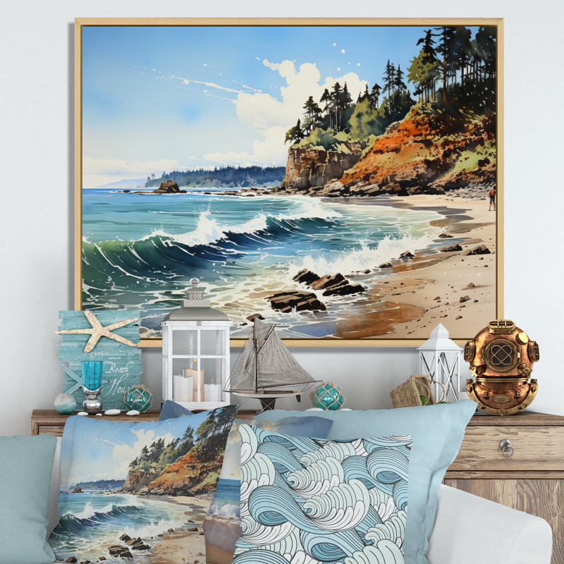 Seppo " Rocky Beach Coastal Giants ", 34" H x 44" W, Natural Floater Framed