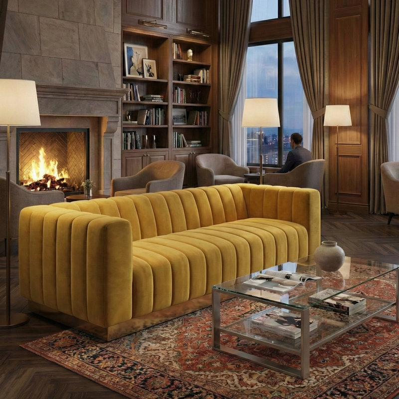 Foxy Luxury Velvet Couch with Brass Trim, 87" W, Fully Assembled, Mustard Yellow