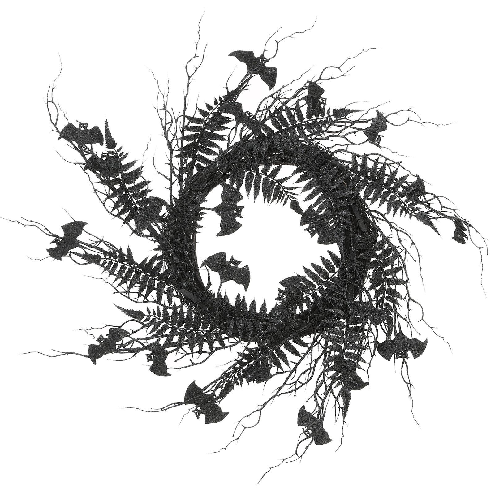 24" Halloween Black Fern and Bats Wreath