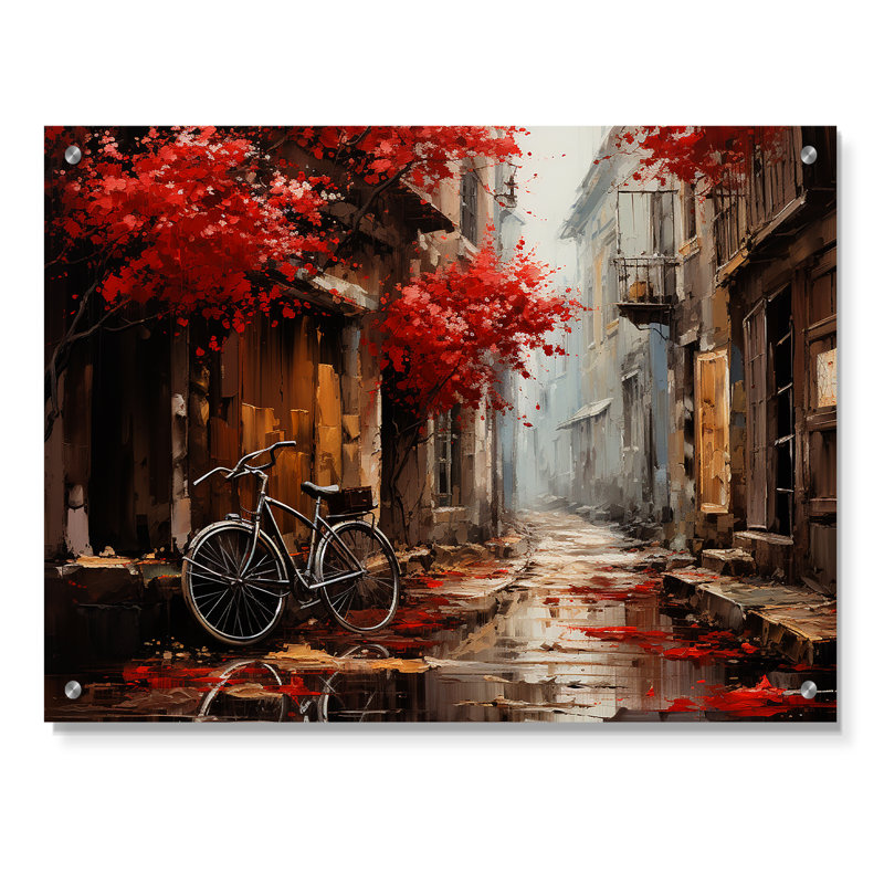 «Crimson Ride Red Flowers I» - bicyclette acrylique en verre, H 12 po x l 20 po