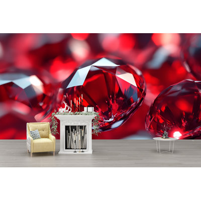 Papier peint rouge Ruby Gemstone - Luxueuse décoration murale avec des cristaux facettés scintillants pour une chambre à coucher glamour, une bijouterie ou une décoration murale de luxe