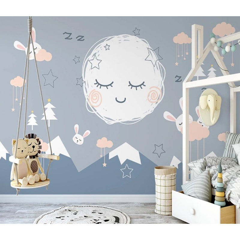 Papier peint amovible montagnes, lapins, nuages, étoiles, arbres, lune endormie, L 75 po x l 112 po