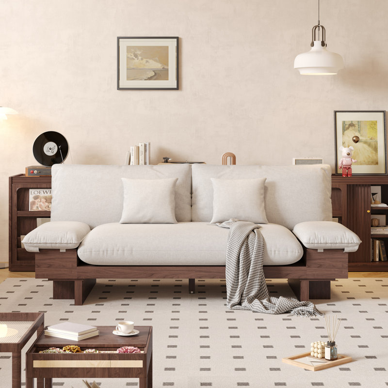Grimpante 3-Seater Cotton Linen Upholstered Sofa with Storage Armrest Wooden Frame, Dark Brown Wood