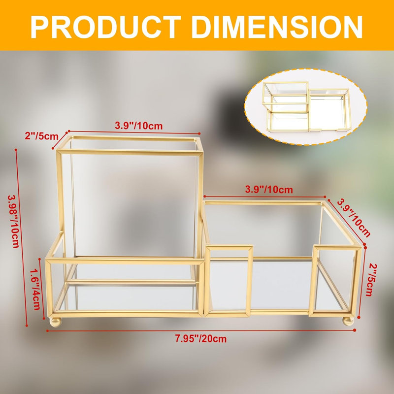 Organisateur de bureau avec 3 compartiments, petit organisateur de bureau en verre pour stylos, crayons, cartes de visite, trombones, trombones, stylo or pour bureau