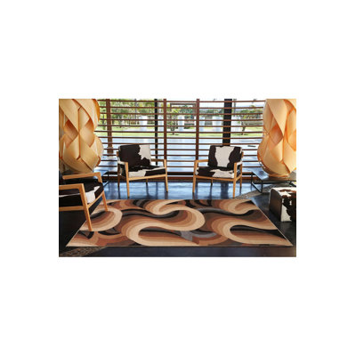 Wavy Brown Toned Pattern Woven Base Decorative Machine Washable Rug