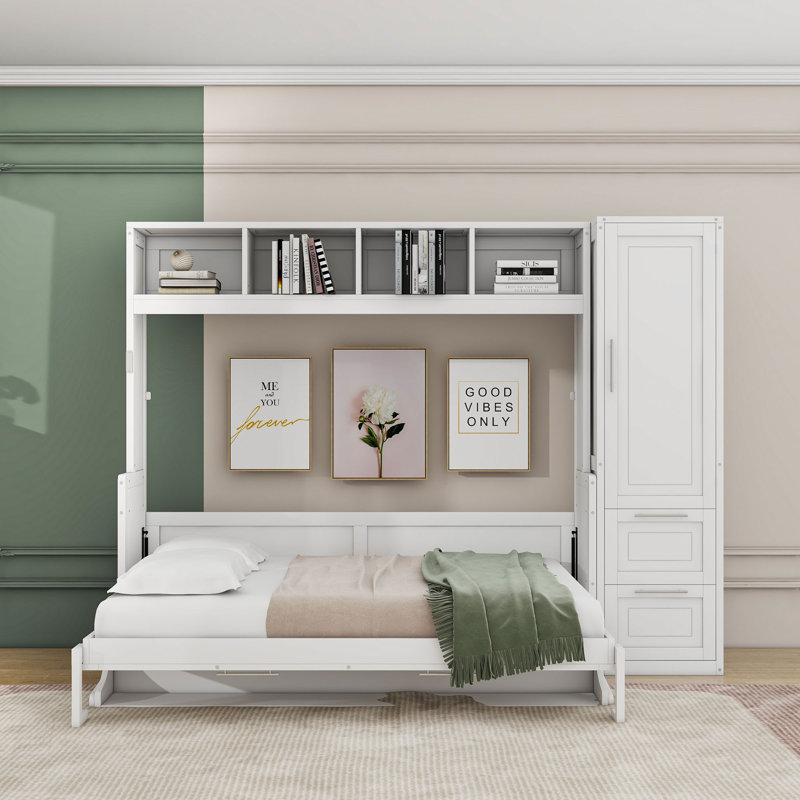 Nodine Wood Murphy Bed with Shelves and Drawers, Queen, White