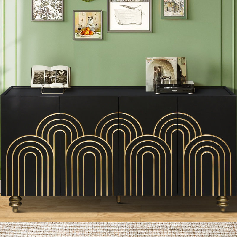Modern Fluted Sideboard With Storage Space - Black For Home 4 Doors, Adjustable Shelves, Material Cabinet In Kitchen, Black
