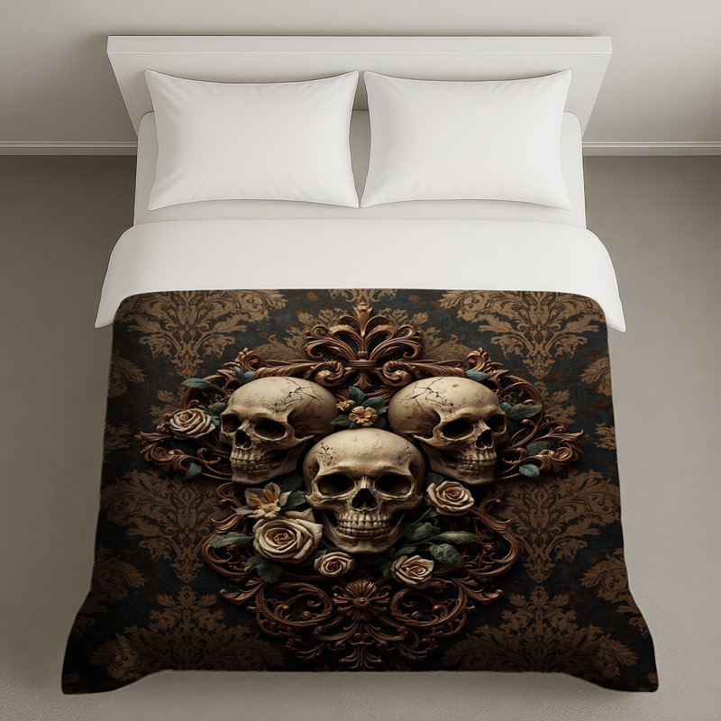 Crânes avec housses de couette à motif floral, Très grand lit
