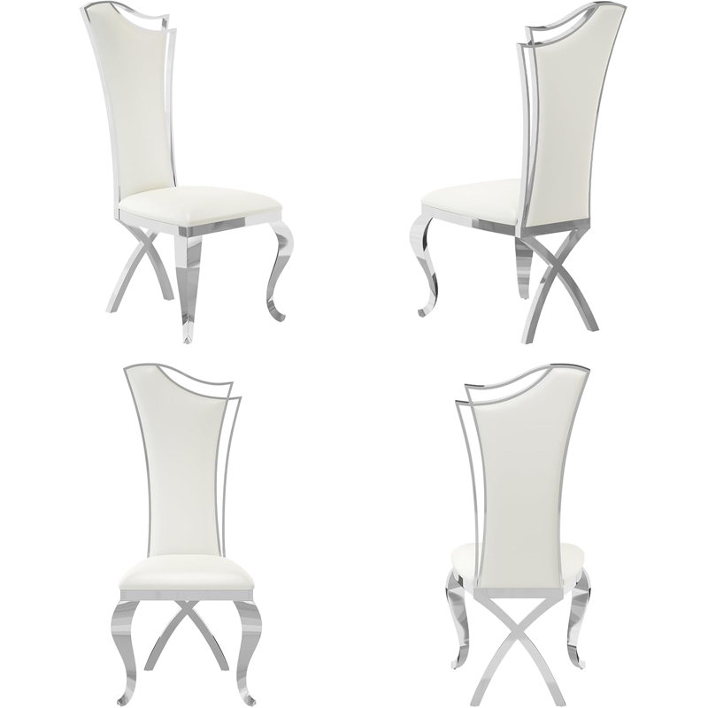 Elegant And Modern White Faux Leather Dining Chairs With Silver Legs, 4