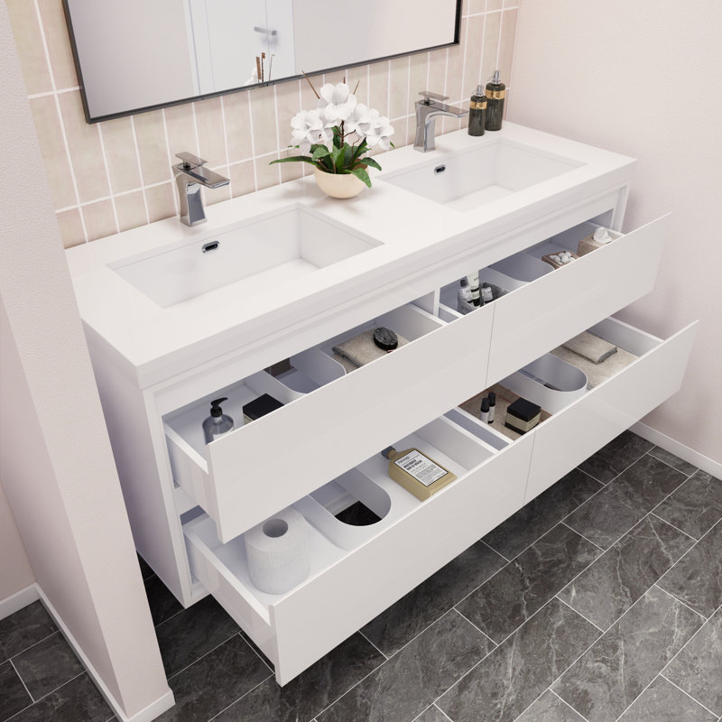 Ensemble de meuble-lavabo double mural 59,5 "Azden, Blanc très luisant