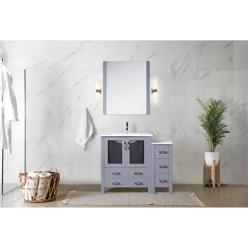 Gris foncé, 42 po W, meuble-lavabo simple, armoire latérale, comptoir en céramique blanche, structure en bois massif, fermeture en douceur, cinq tiroirs intérieurs, grande capacité de rangement, Scratch, comptoir de meuble-lavabo, pré-percé,