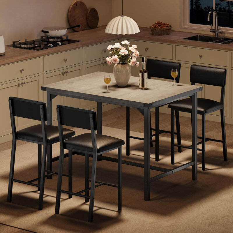 5-Piece Dining Table Set W/Footrest & Backrest, Bar Table Set with 4 Upholstered Chairs, Bar Table and Chairs Set with Corner Protector, for Pub, Dining Room