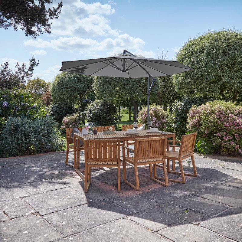 Lankin Rectangular 180cm L Acacia Outdoor Table Set, 8 Pieces: Table, Umbrella, 6 Chairs, Grey