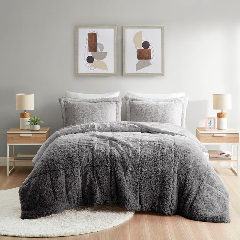 Ensemble d'édredon à poil long King Ombre, Gris, Édredon pour très grand lit + 2 taies décorativ