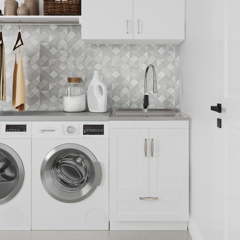 Reed - Deluxe Laundry Cabinet With Pull-Out Faucet And Stainless Steel Sink - White, 24"