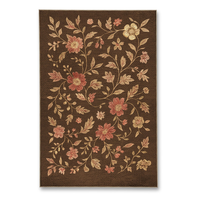 Tapis brun tissé à motif floral lavable Mosso, 2'6" x 4'11"