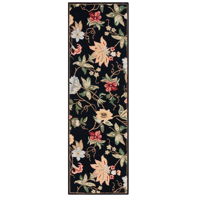 Tapis noir en laine bouclé / crocheté à la main Hollander, Tapis de couloir 2 pi 6 po x 18 pi