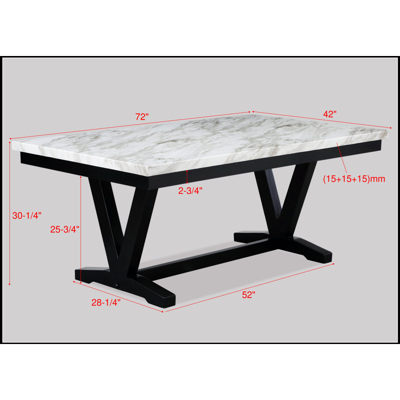 Table de salle à manger moderne moderne en faux marbre et noir avec base en tréteaux en forme de V, mobilier élégant et durable