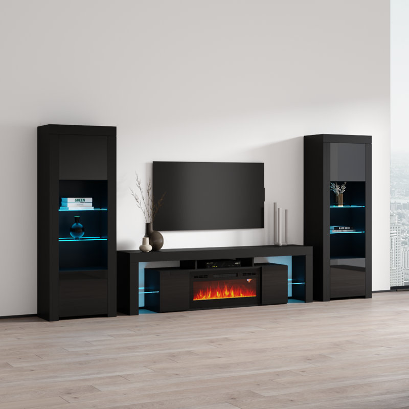 Entertainment 128.7" Modern Entertainment Center with Electric Fireplace, High Gloss Finish, Media Storage, Black