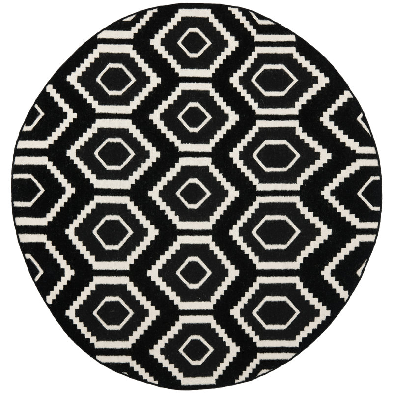 Bullock Hand Woven Flat Weave Wool/Cotton Geometric Rug in Black/Ivory, Round 6'