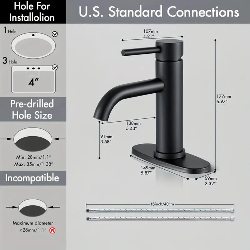 Black Bathroom Sink Tap with Waste Mono Single Lever Vanity Basin Mixer Taps
