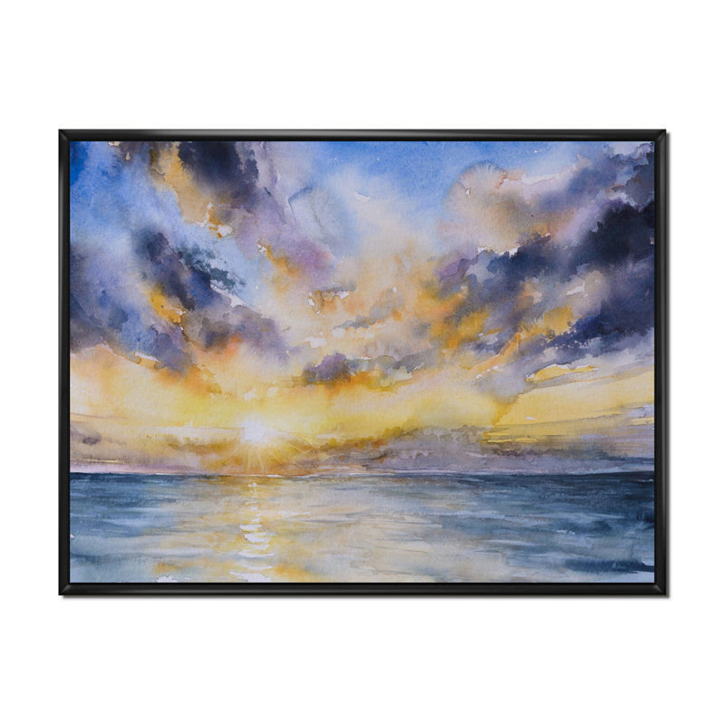 Coucher de soleil jaune sur un lac bleu - peinture sur toile, Cadre flottant noir, H 34 po x l 44 po