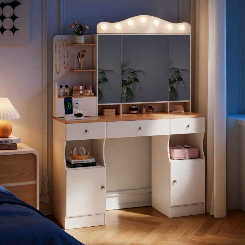 Bureau de coiffeuse avec miroir, lumières et alimentation USB, comprenant trois tiroirs, deux armoires et un miroir pliable à trois côtés
