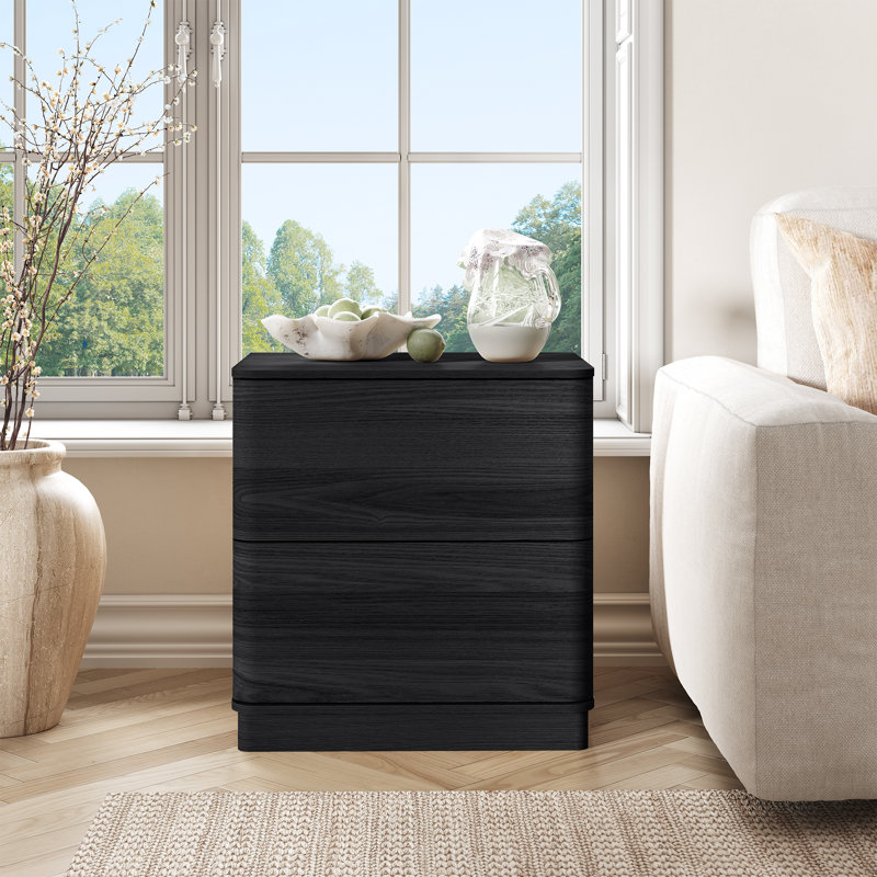 Minimalist Textured Rounded Corner 2-drawer Nightstand, Black