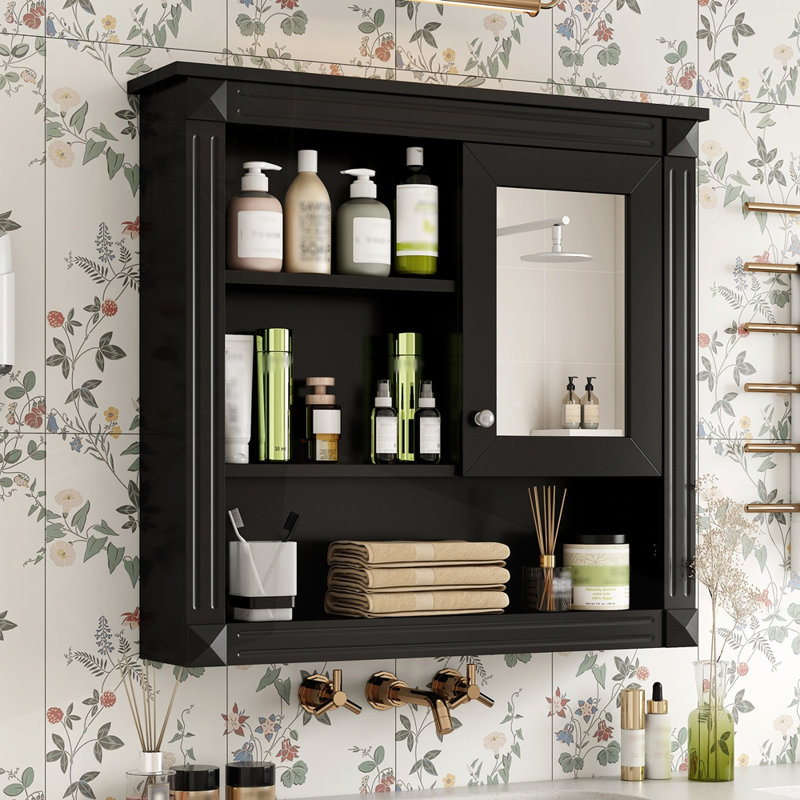 Armoire de salle de bain murale avec miroir et 4 tablettes, Noir
