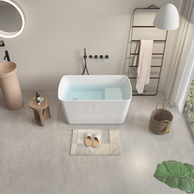 Square - Shape 49'' Glossy Acrylic Freestanding Tub, Drain, Comfortable Seated Soaking, 55 Gallons Capacity, Scratch Bathtub,