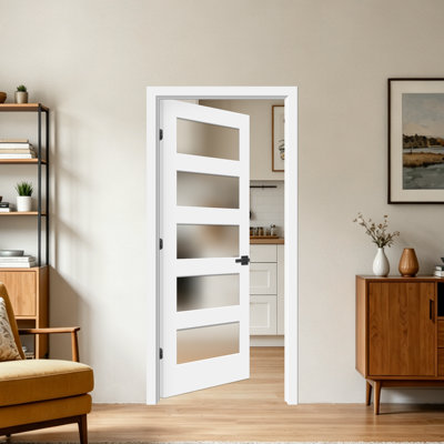 Prehung Pantry Door 5-lite Frosted Tempered Glass Wood And Manufacture Wood White Primed Interior Swing Door