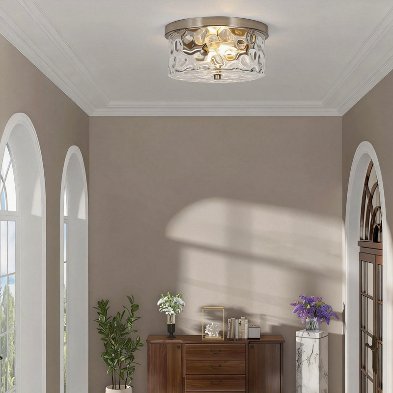 Alixandra 2-Light Flush Mount Ceiling Light With Clear Hammered Glass, Brushed Nickel, 11.81" L x 11.81" W x 5.9" H