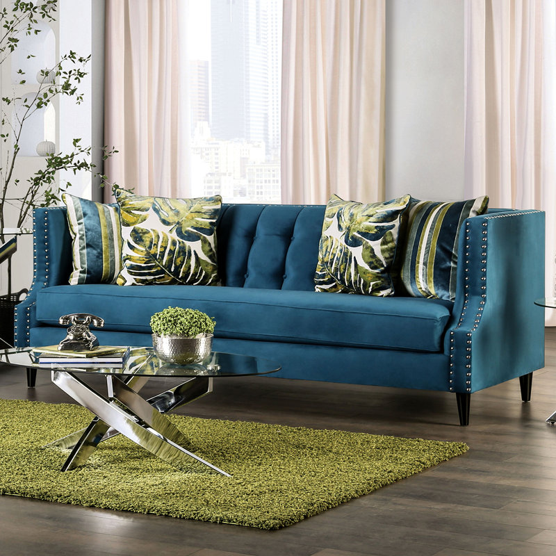 90.4" W Transitional Sofa, Dark Teal/Apple Green