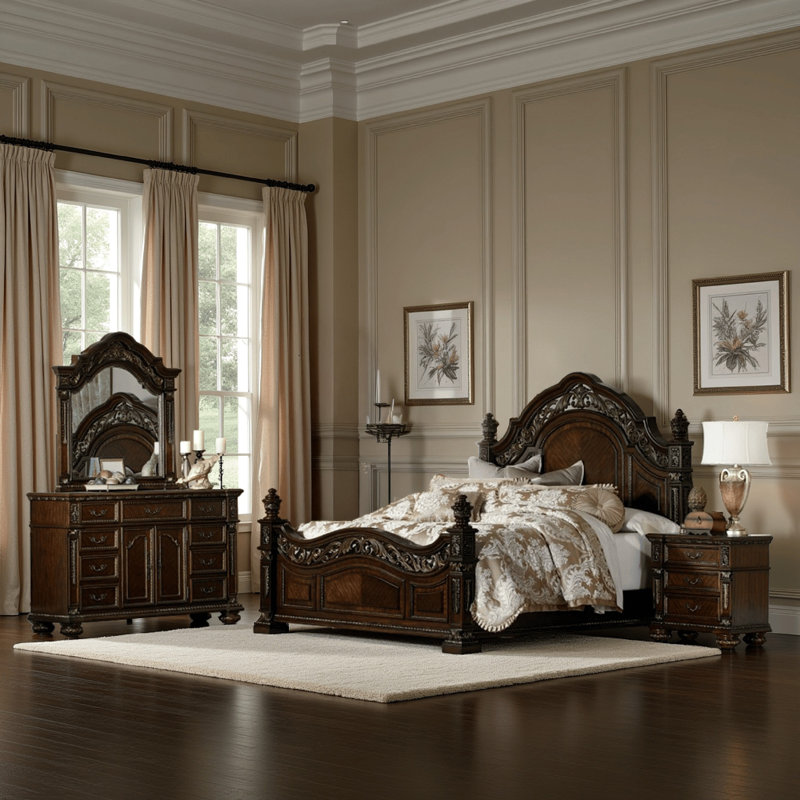 Lumi Four Pc Queen Bedroom Set, Gold Scrollwork, Acanthus Leaf Carving, Cherry Brown