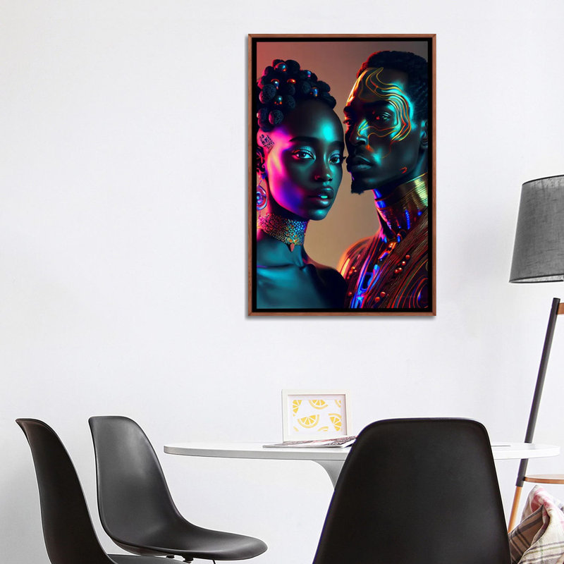 Afrofuturist African Royalty Queen And King II, Classic Wood Floater Framed Canvas, 40" H x 26" W x 1.5" D