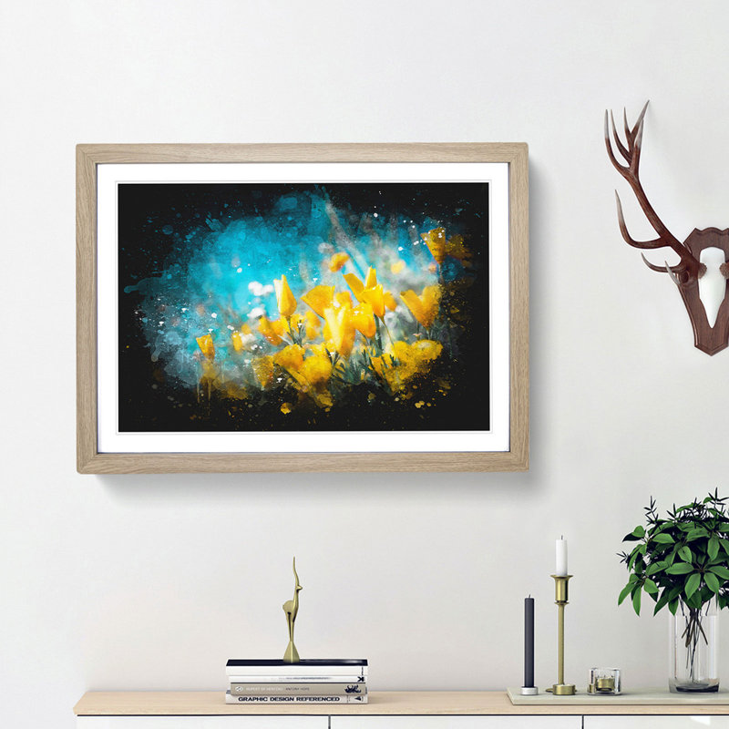Yellow Blooming Flowers - Framed Print, 62cm H x 87cm W x 2cm D, Oak Framed