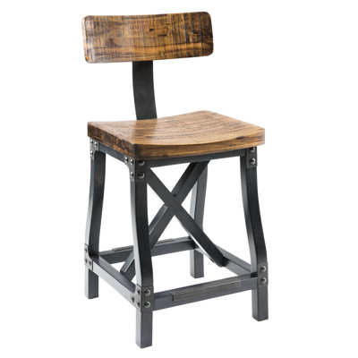 Tabouret de comptoir industriel avec dossier amovible - bois franc, clous en métal, siège l 17,5 po x P 17 po, assise et dossier solides nécessaires, P 21,24 po H 38,5 po, requis, base, couleur ambre