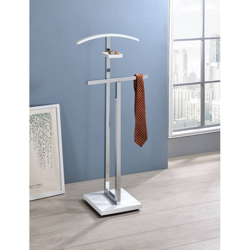 Freestanding Valet Stand with Tray & Pants Bar, Metal & Wooden Suit Rack Clothes Organizer with Storage Shelf for Bedroom or Office