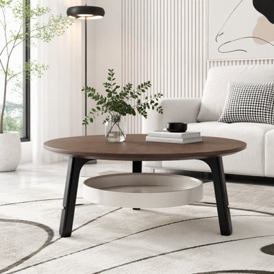 Table basse ronde avec tablette de rangement et fini en bois de noyer