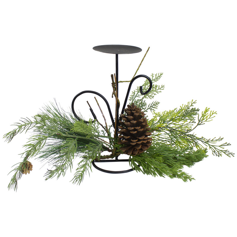 Porte-bougie de Noël vert 10 "brins artificiels et pomme de pin