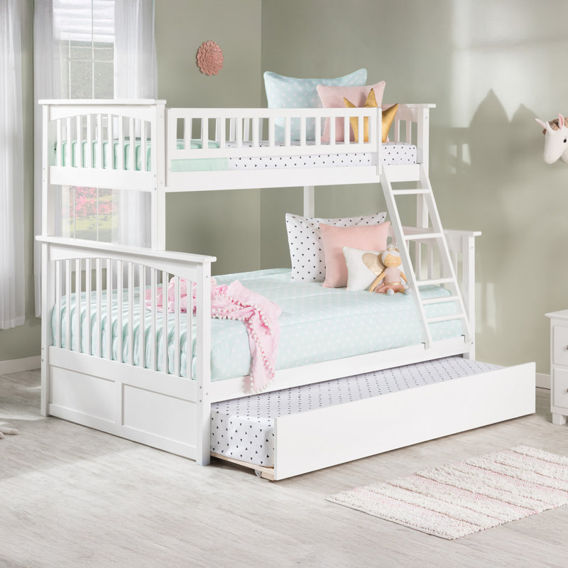 Blaisdell Solid Wood Standard Ladder Bunk Bed with Roll Out Trundle, White, Twin over Full