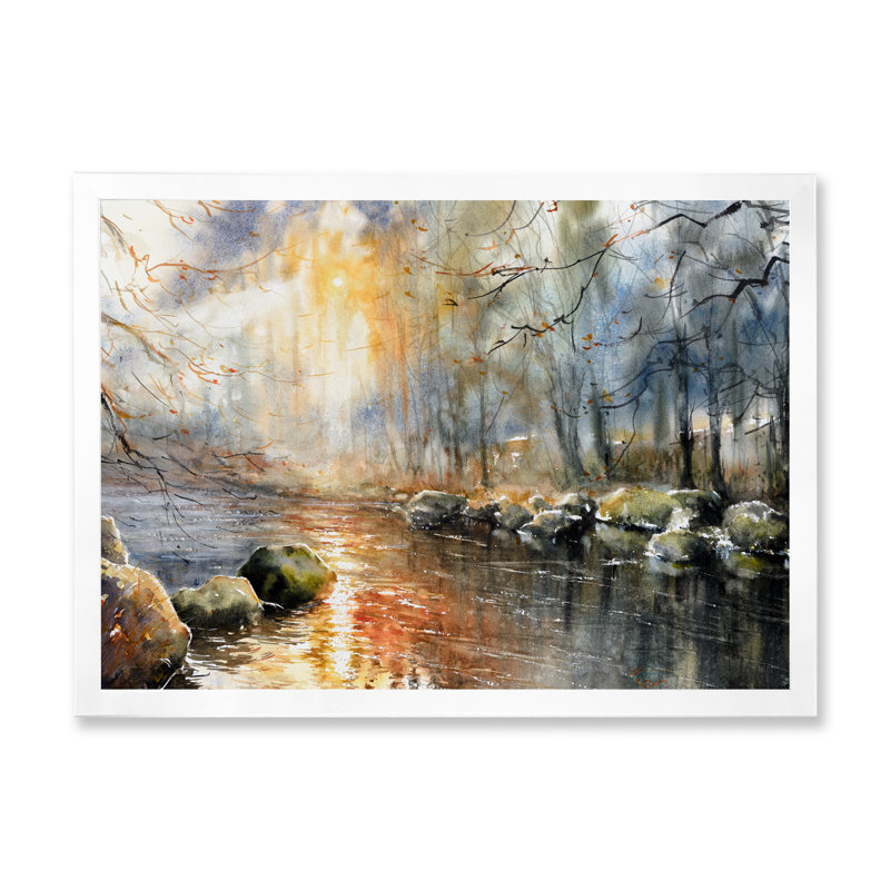 «River in Cloudy Autumn Sunset», reproduction d'art sur toile, Cadre blanc, H 16 po x l 32 po x P 1 po
