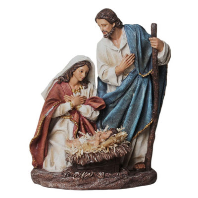 Holy Family Joseph, Mary, and Jesus in Bed of Real Straw Hay Polyresin Nativity