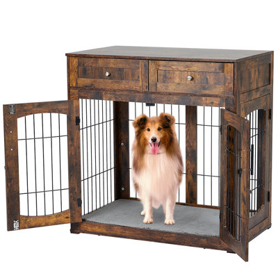 Mobilier de cage pour chien avec coussin, table de caisse pour chien en bois avec 2 tiroirs, meuble pour chien à 3 portes, chenil d'intérieur, niche pour chien, cage pour chien, table de bout latérale, brun rustique, L 39,4 po
